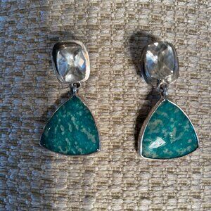 Beautiful pierced earrings in obsidian, sparkly clear and silver